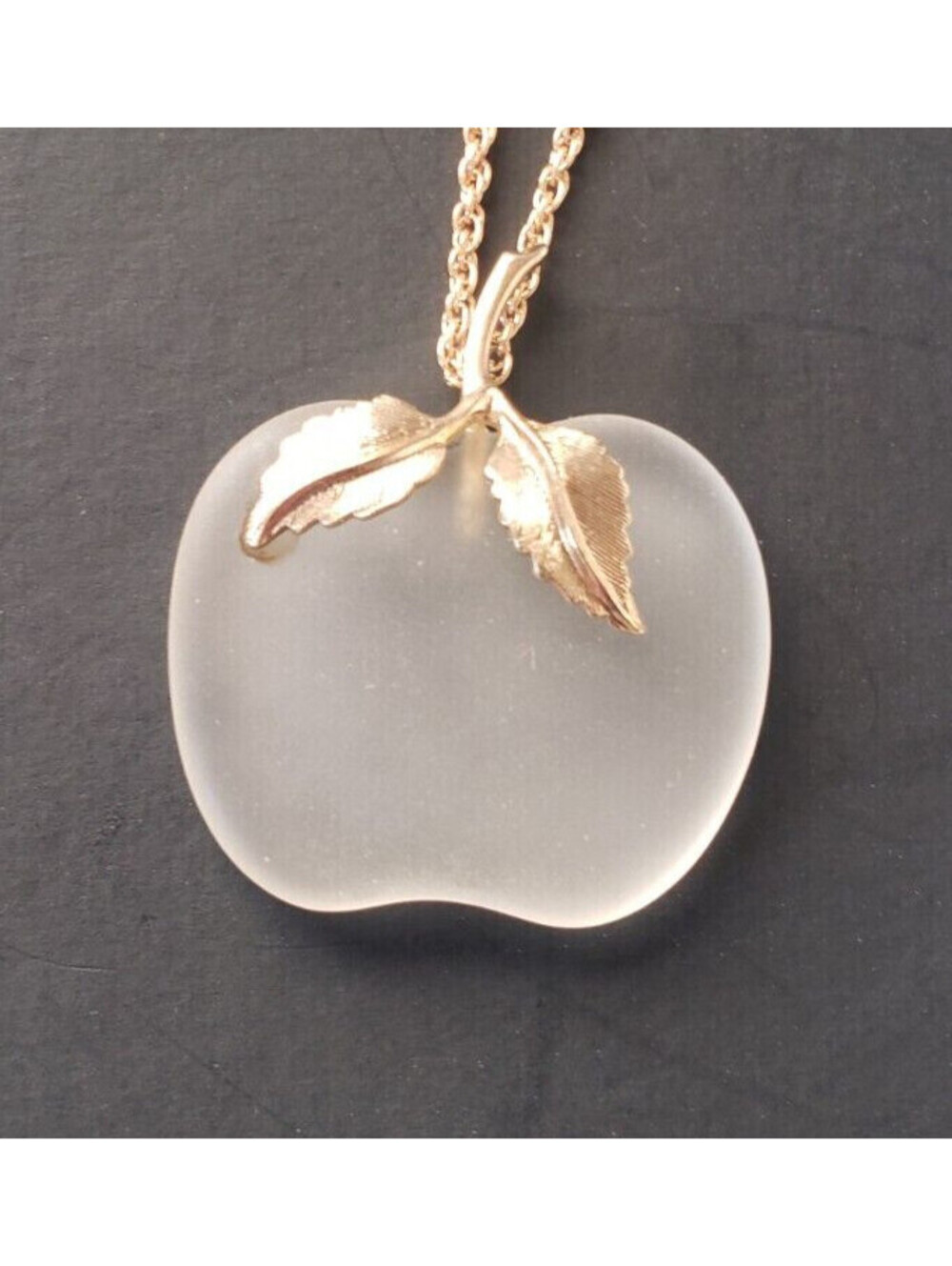 Apple Pendant Necklace Gold Tone Chain Frosted Glass Teacher School VTG Avon